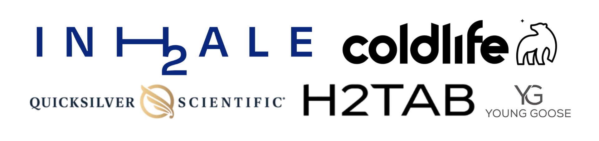InhaleH2, Cold Life, Quicksilver Scientific, H2Tab, and Young Goose logos
